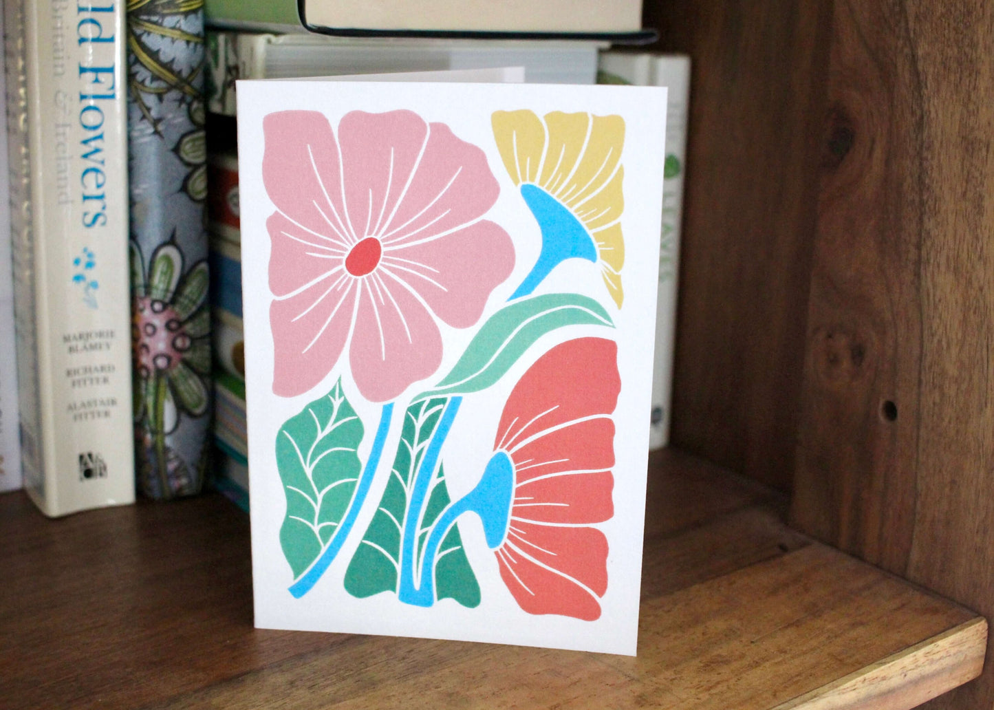 Linocut Bright & Beautiful Floral Greeting Card - Single Card and Envelope / Lino Print Flower Greeting Card / Happy, colourful flowers card