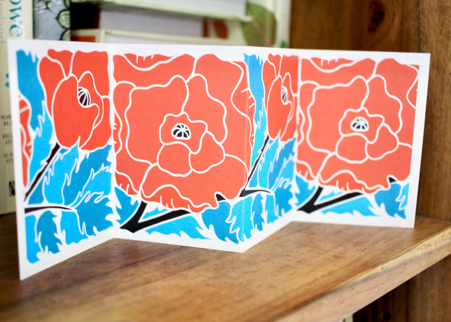 Linocut Poppy Flower Card - Single Concertina Card & Envelope / Lino print poppies card / August birth flower / Remembrance Poppy Art Card