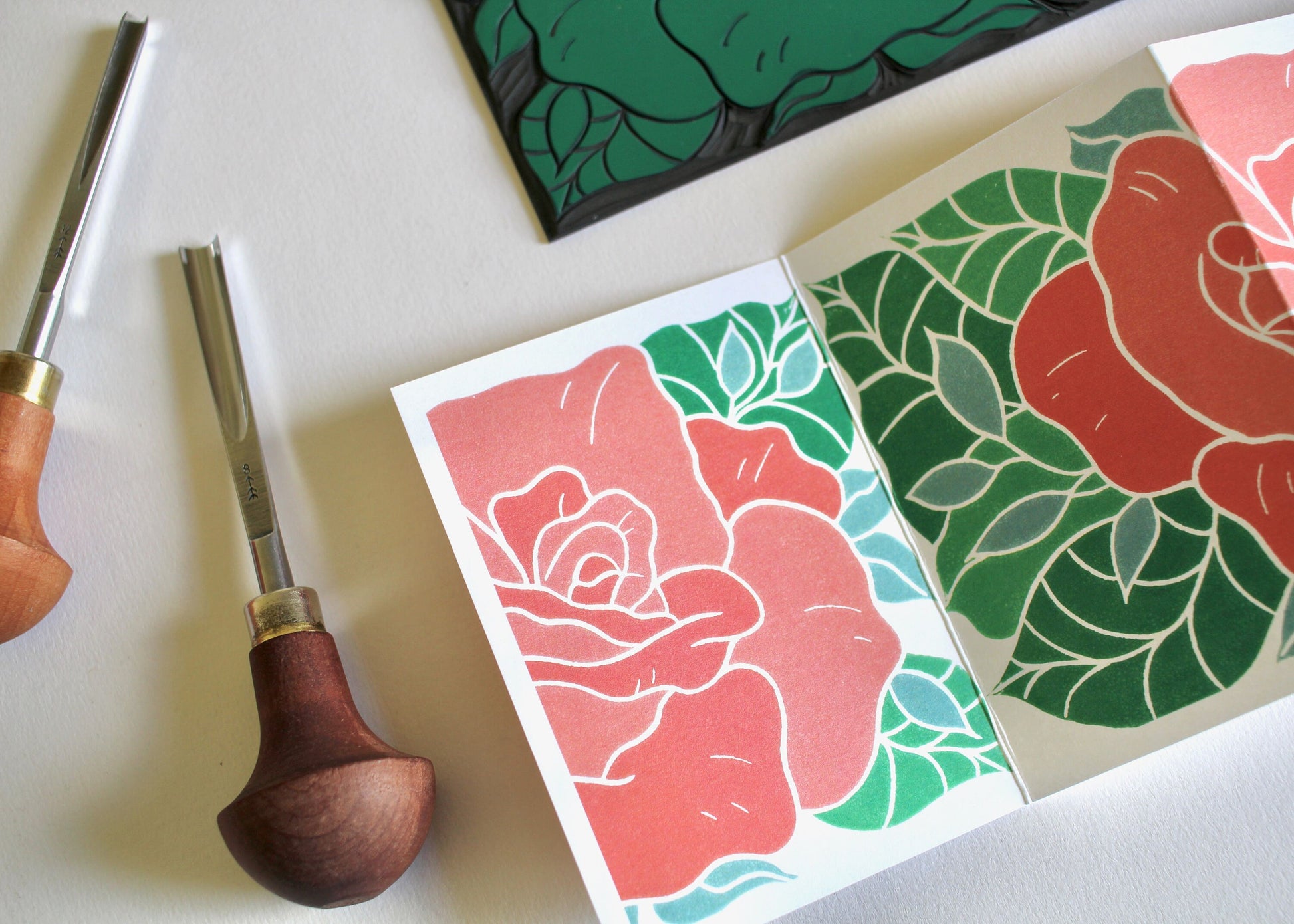 Linocut Rose Flower Card - Single Concertina Card & Envelope / Lino print rose flower card / June birth flower, summer birthday floral card