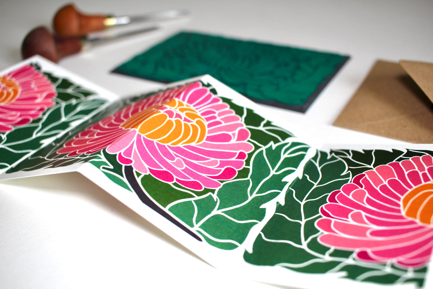 Linocut Chrysanthemum Card - Single Concertina Folded Card with Envelope / Lino print flower card / Colourful November birth flower