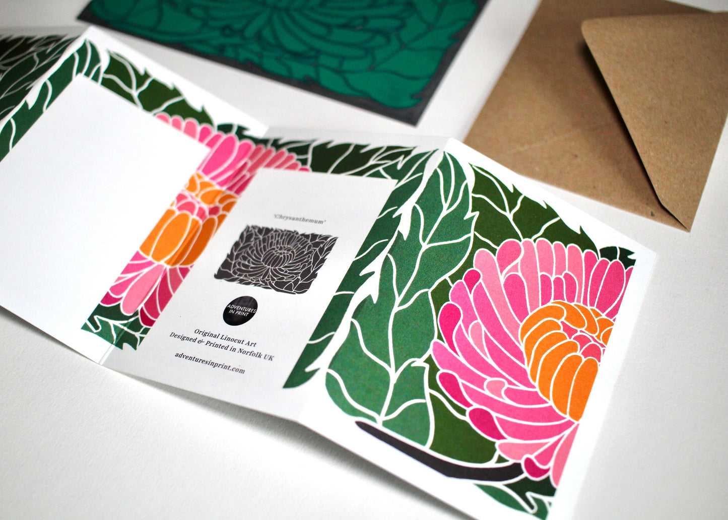 Linocut Chrysanthemum Card - Single Concertina Folded Card with Envelope / Lino print flower card / Colourful November birth flower