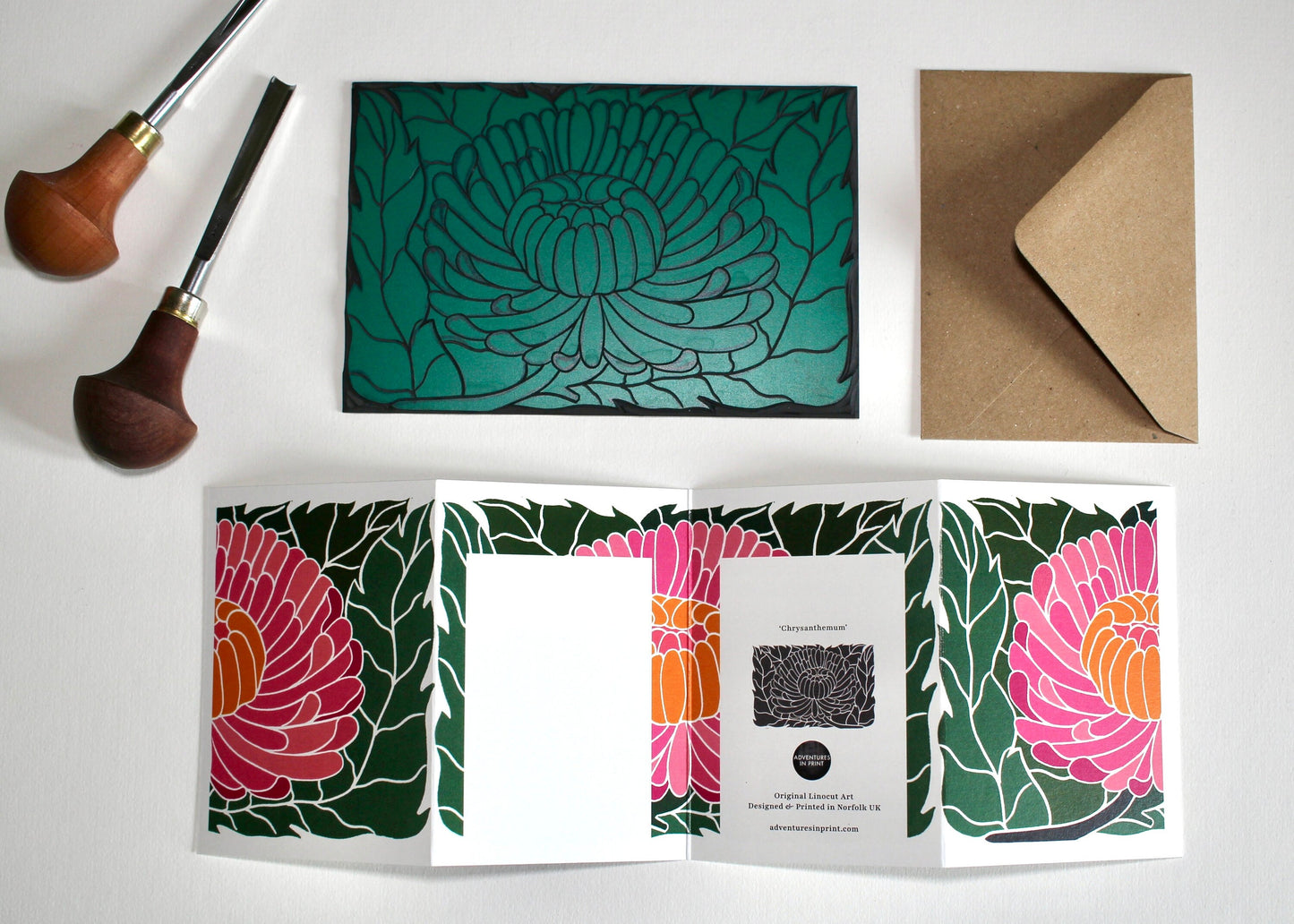 Linocut Chrysanthemum Card - Single Concertina Folded Card with Envelope / Lino print flower card / Colourful November birth flower