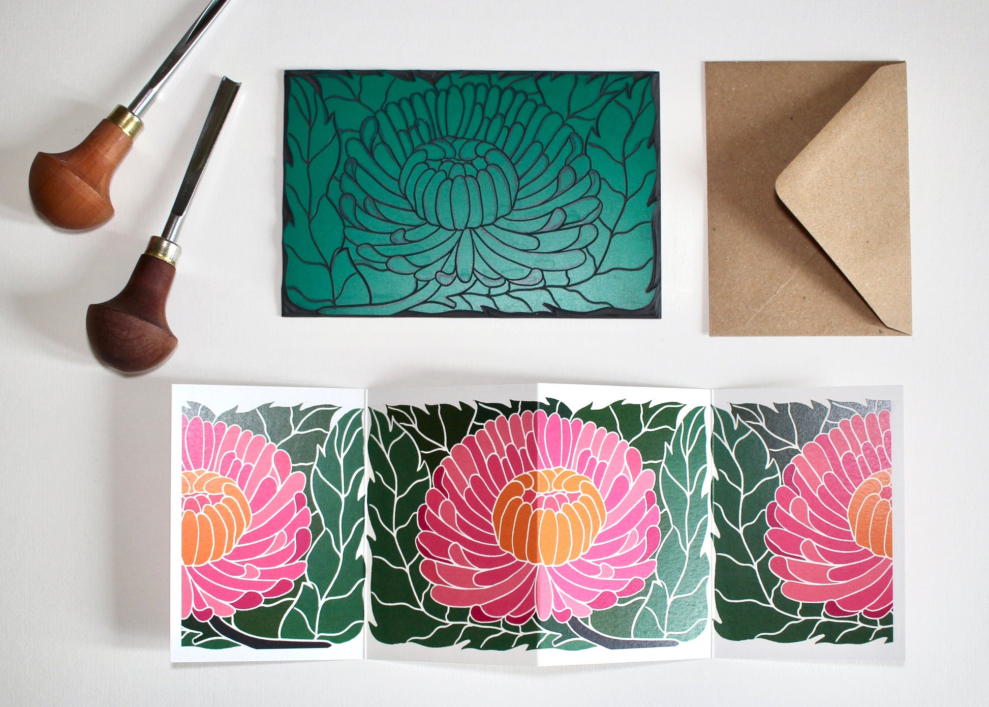 Linocut Chrysanthemum Card - Single Concertina Folded Card with Envelope / Lino print flower card / Colourful November birth flower