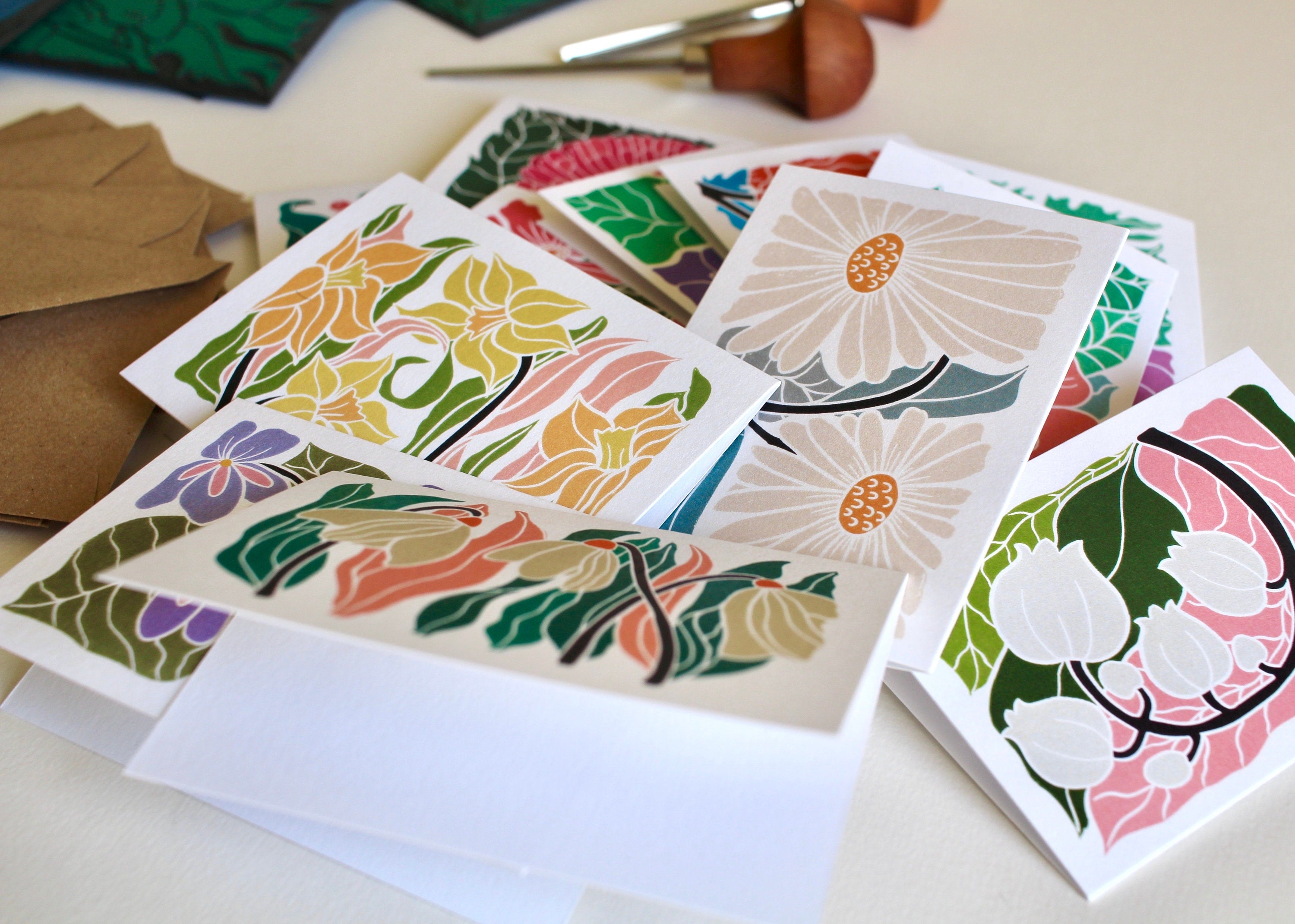 MINI Birth Flower Linocut Note Cards - Set of 12 | Colourful Flowers by month / Small A7 notelets / Blank correspondence cards & envelopes