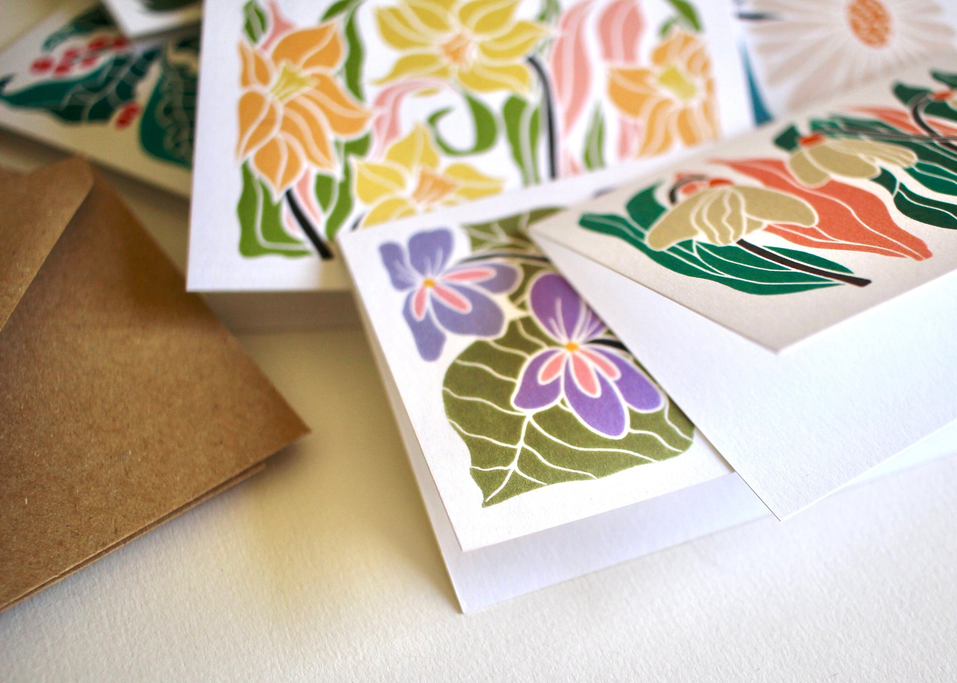 MINI Birth Flower Linocut Note Cards - Set of 12 | Colourful Flowers by month / Small A7 notelets / Blank correspondence cards & envelopes