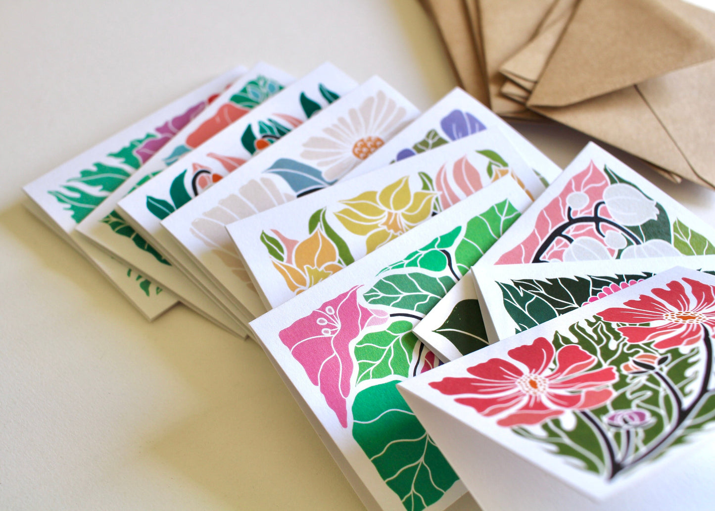 MINI Birth Flower Linocut Note Cards - Set of 12 | Colourful Flowers by month / Small A7 notelets / Blank correspondence cards & envelopes