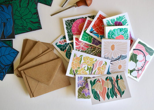 MINI Birth Flower Linocut Note Cards - Set of 12 | Colourful Flowers by month / Small A7 notelets / Blank correspondence cards & envelopes