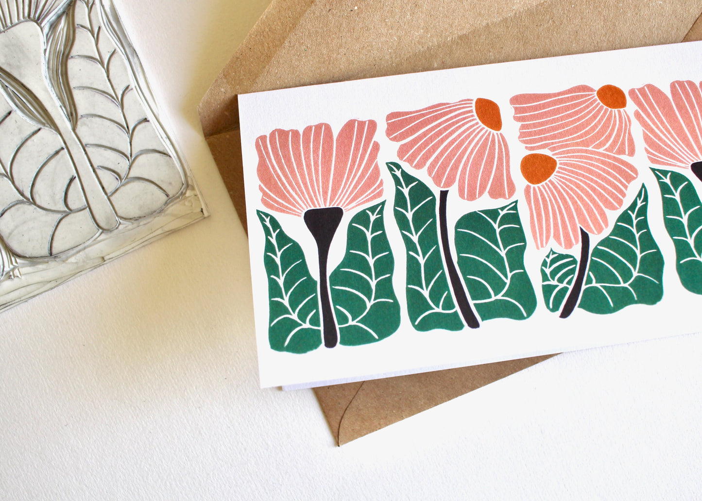 Modern Linocut Floral Greeting Card / A beautiful DL landscape flower card - perfect to celebrate a wedding, anniversary or birthday