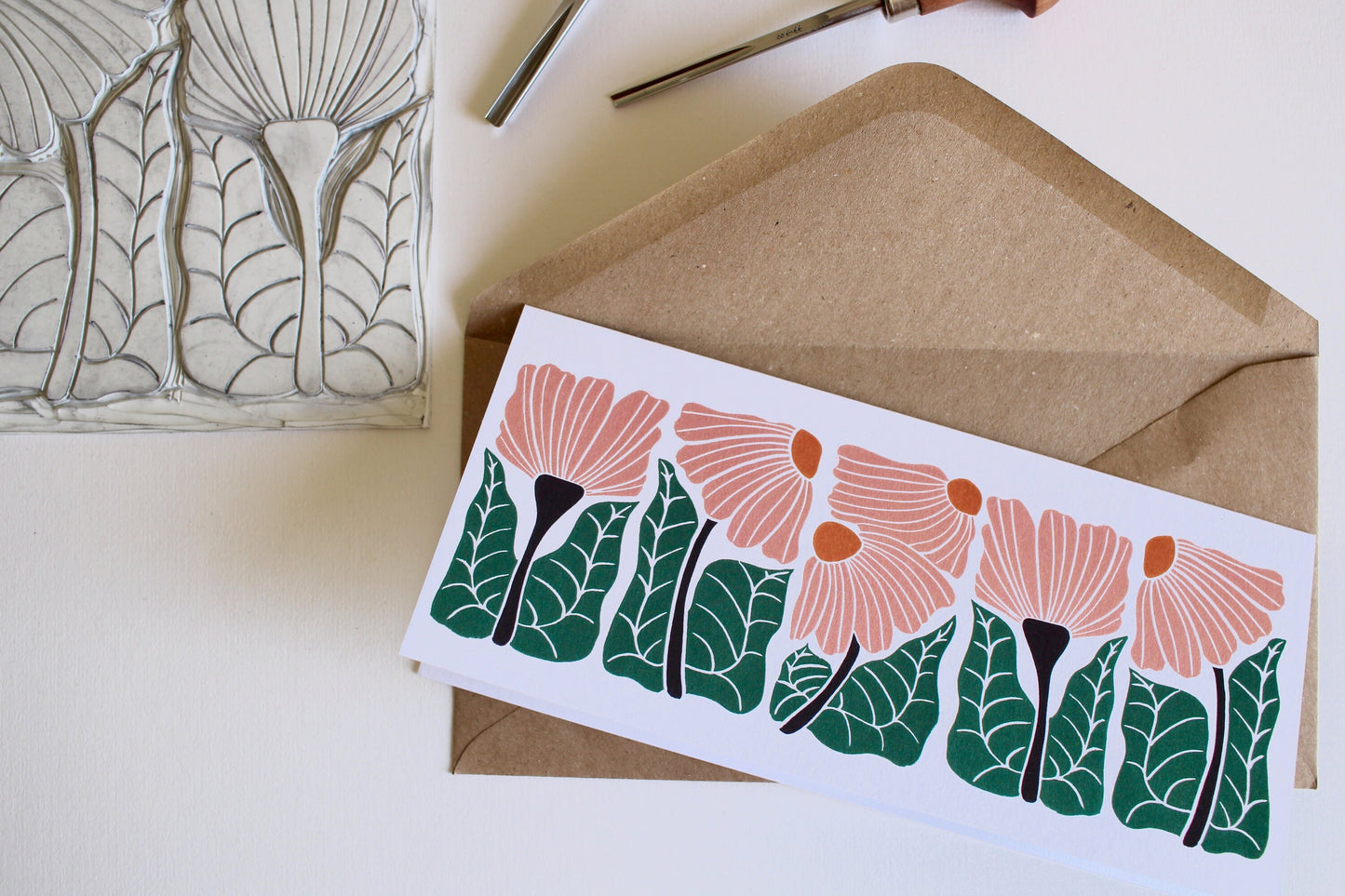 Modern Linocut Floral Greeting Card / A beautiful DL landscape flower card - perfect to celebrate a wedding, anniversary or birthday