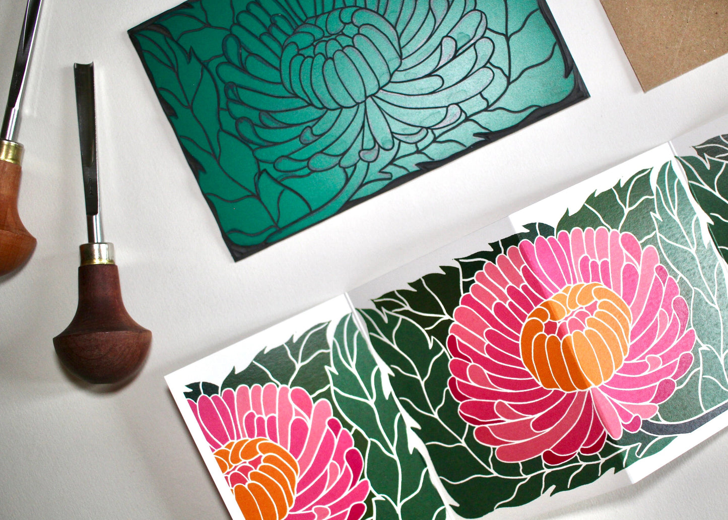 Linocut Chrysanthemum Card - Single Concertina Folded Card with Envelope / Lino print flower card / Colourful November birth flower