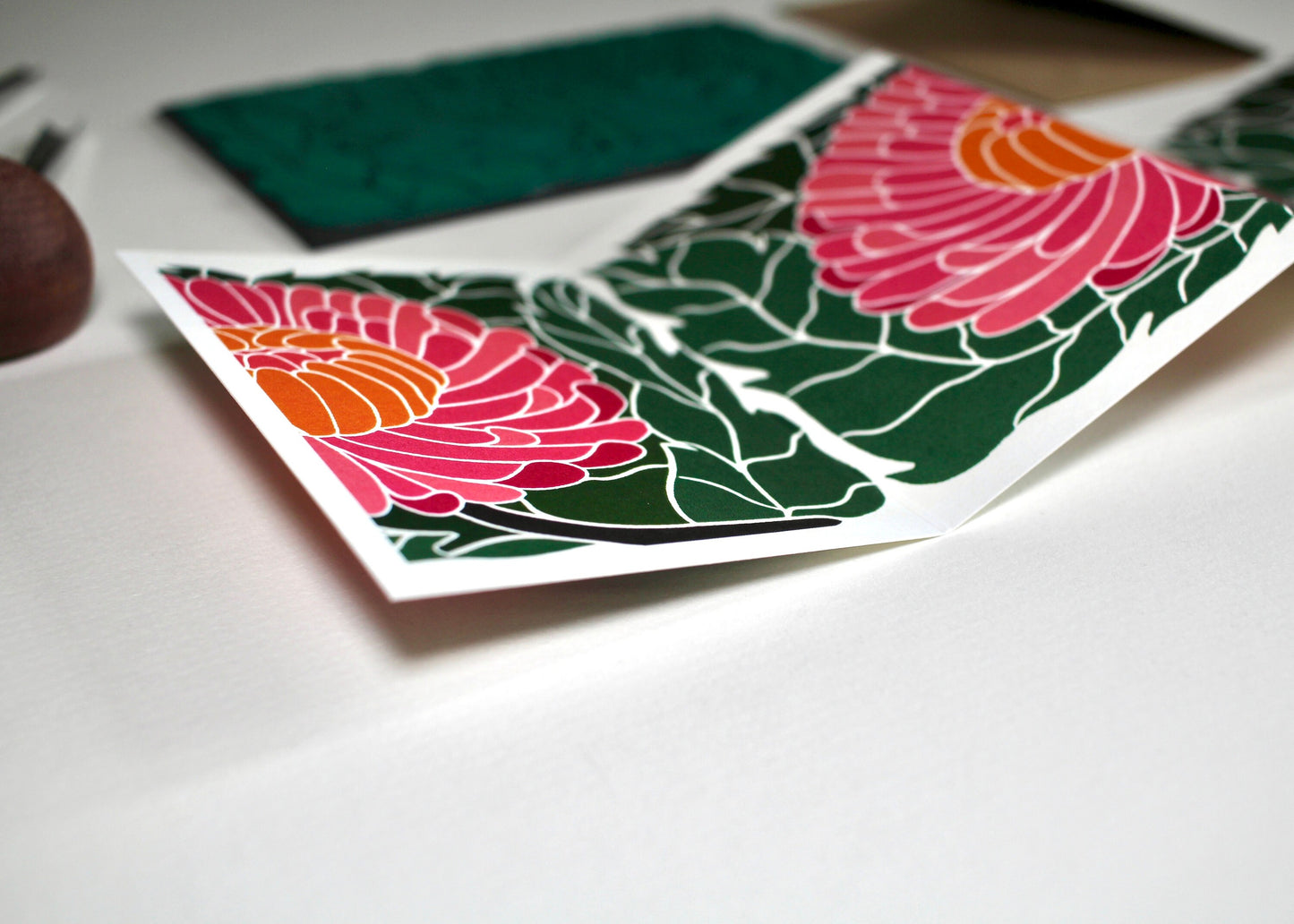 Linocut Chrysanthemum Card - Single Concertina Folded Card with Envelope / Lino print flower card / Colourful November birth flower