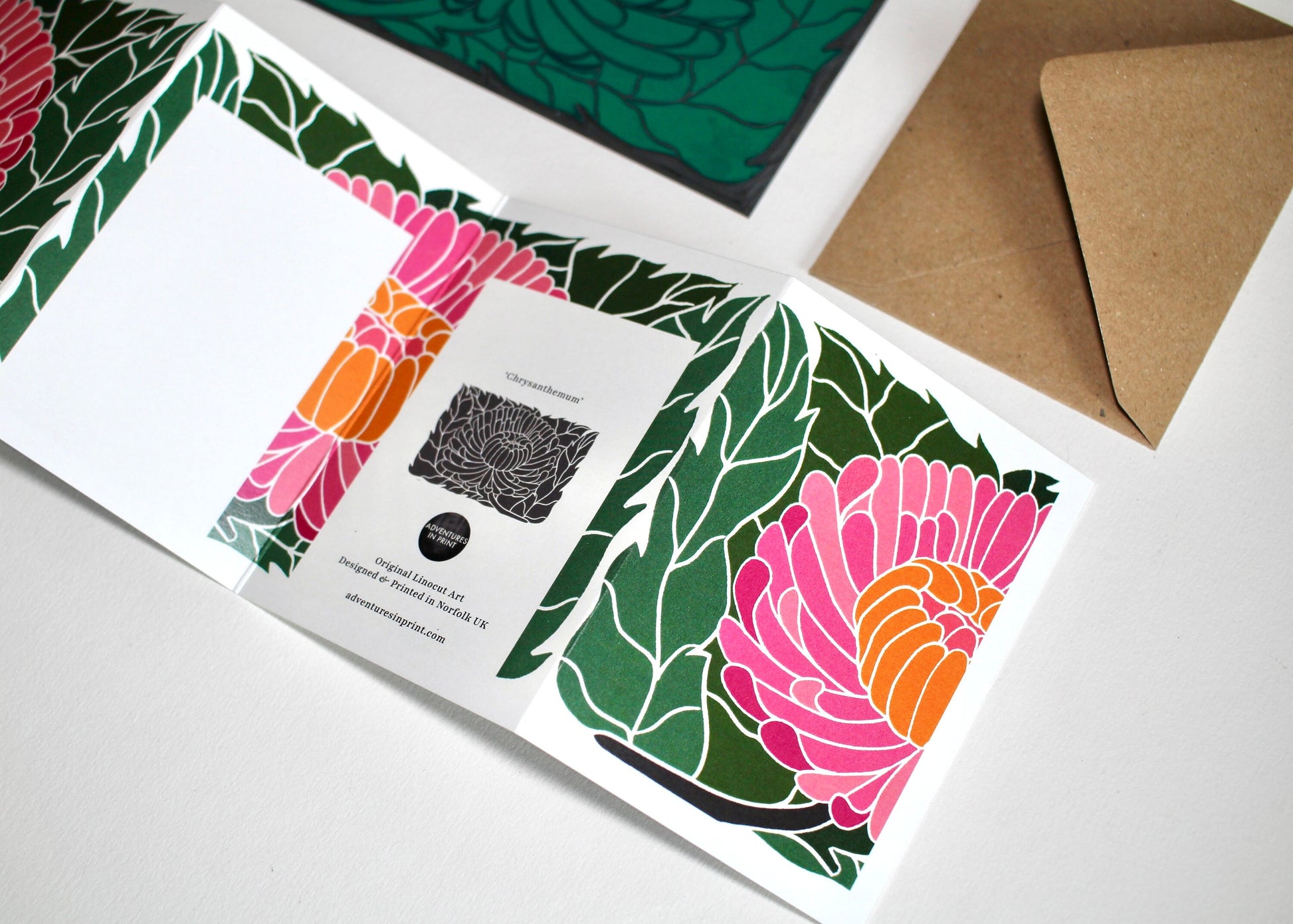 Linocut Chrysanthemum Card - Single Concertina Folded Card with Envelope / Lino print flower card / Colourful November birth flower