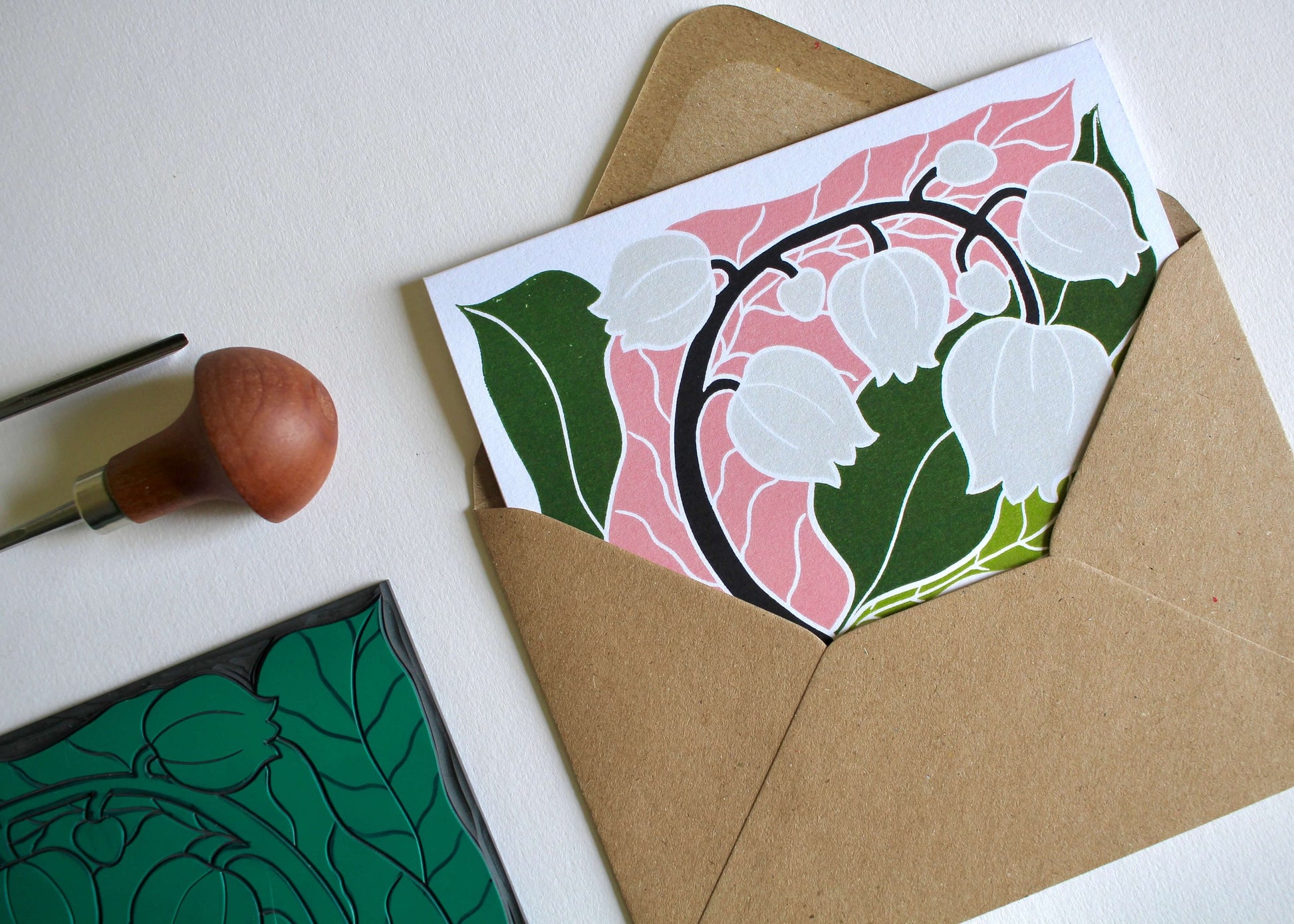 Linocut May Flower Birthday / Spring / Lily of the Valley flower Card / Garden lily flower linocut Greeting Card - Single Card with Envelope