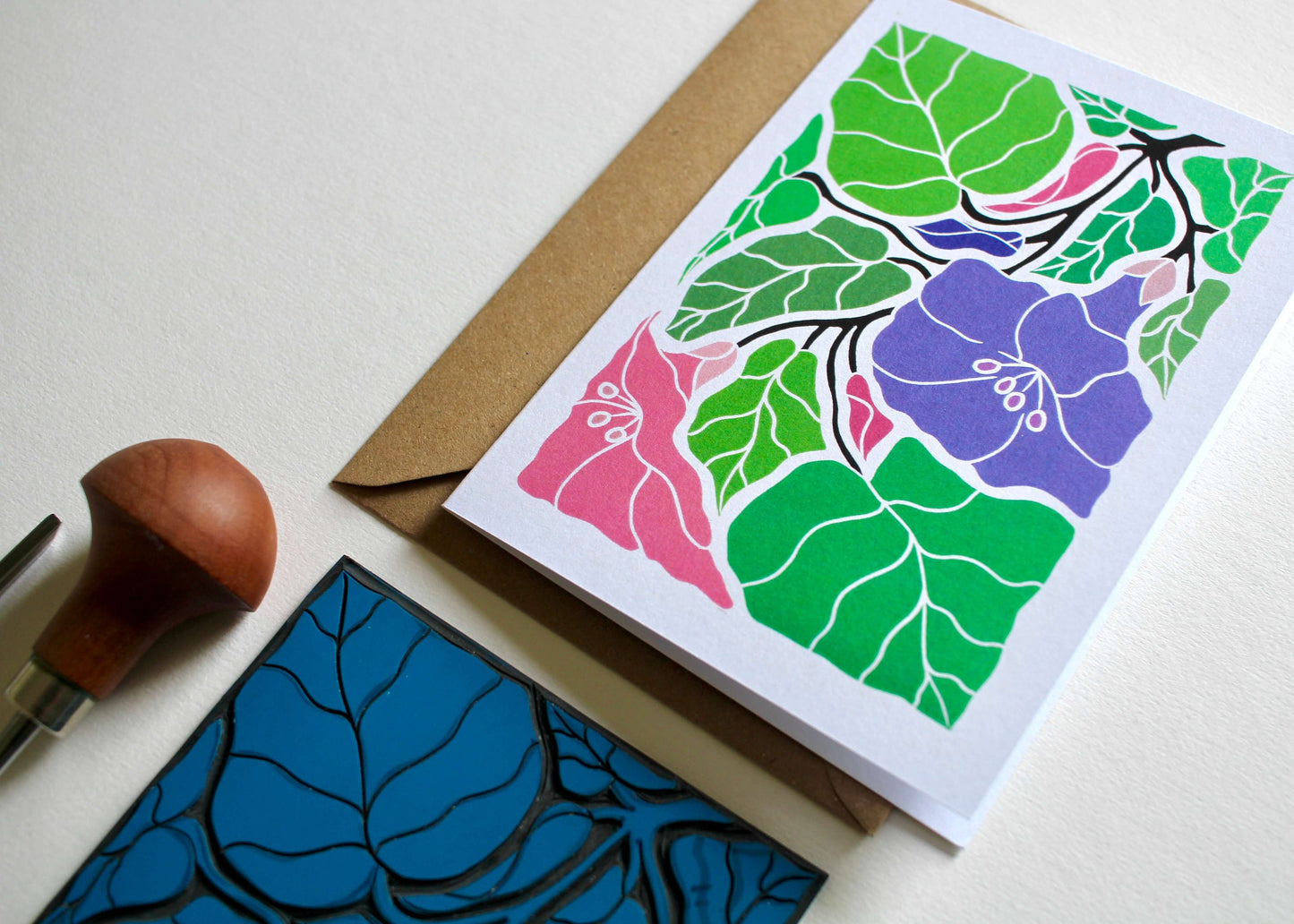 Linocut Morning Glory Flower Card / Spring / September birth flower Card / Ornamental flower lino Greeting Card - Single Card with Envelope