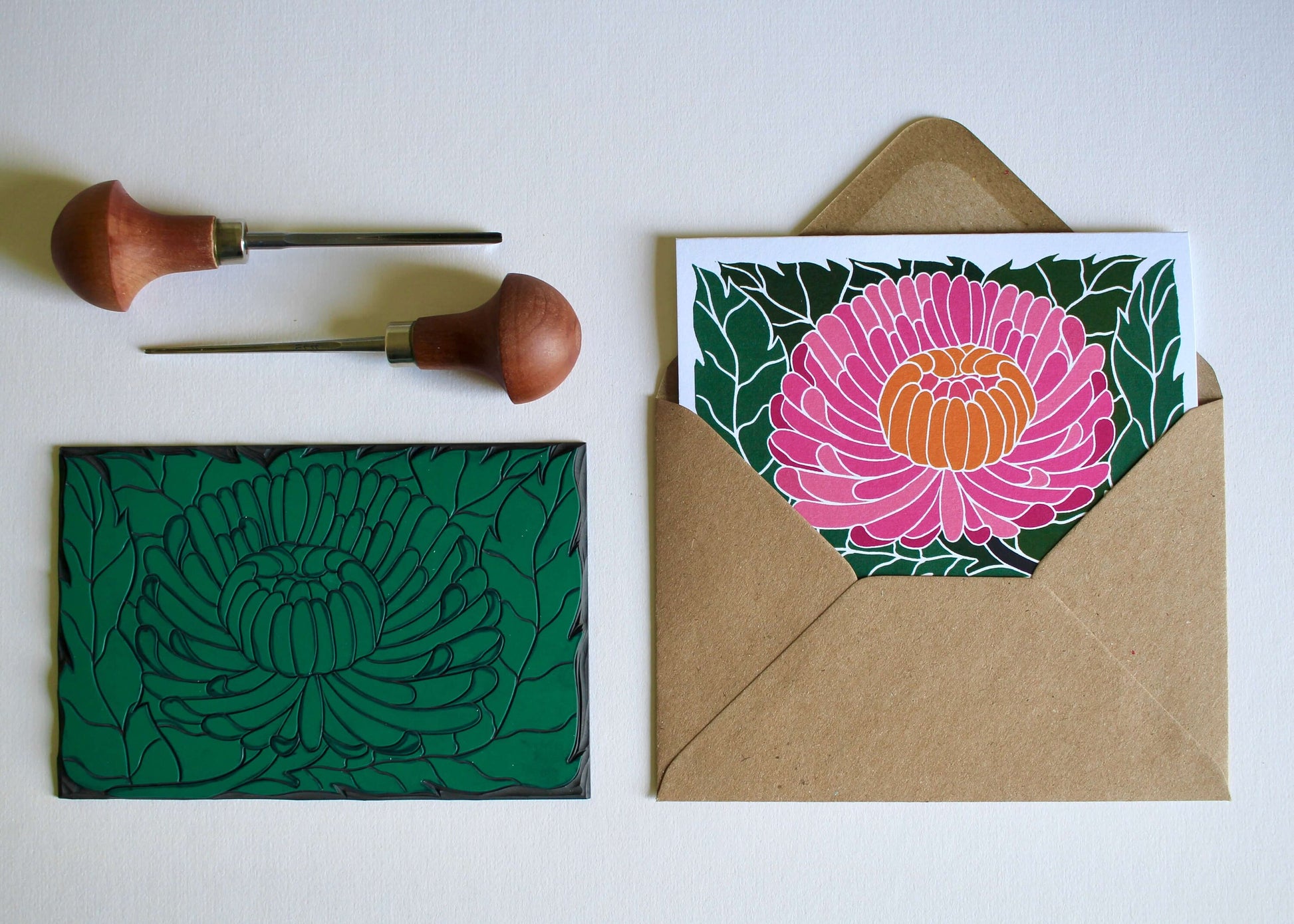 Linocut Chrysanthemum Flower Card / Autumn / November birth flower Card / Ornamental flower lino Greeting Card - Single Card with Envelope