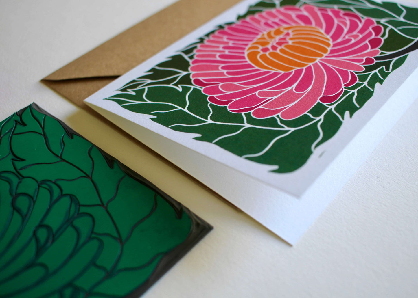 Linocut Chrysanthemum Flower Card / Autumn / November birth flower Card / Ornamental flower lino Greeting Card - Single Card with Envelope