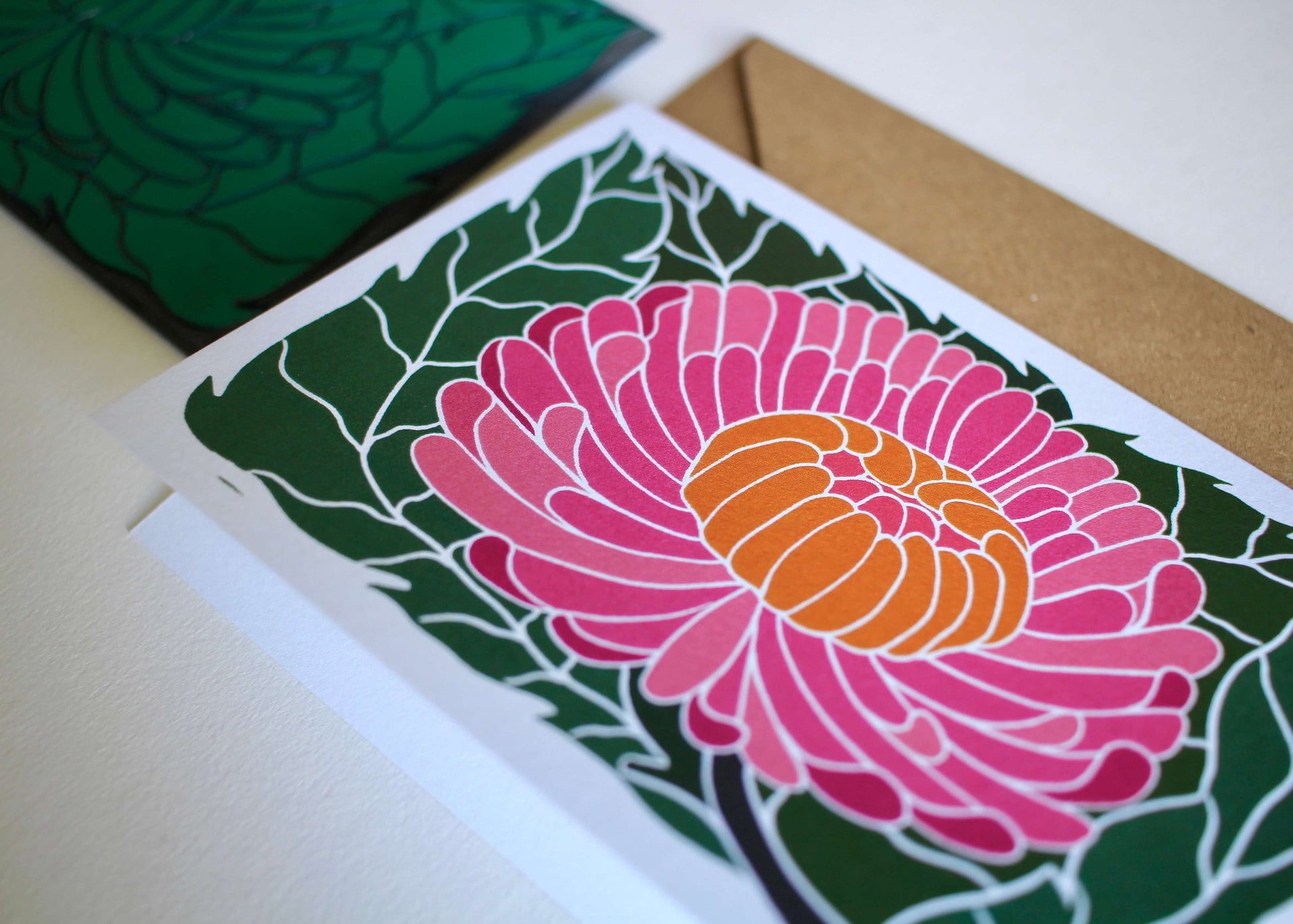 Linocut Chrysanthemum Flower Card / Autumn / November birth flower Card / Ornamental flower lino Greeting Card - Single Card with Envelope