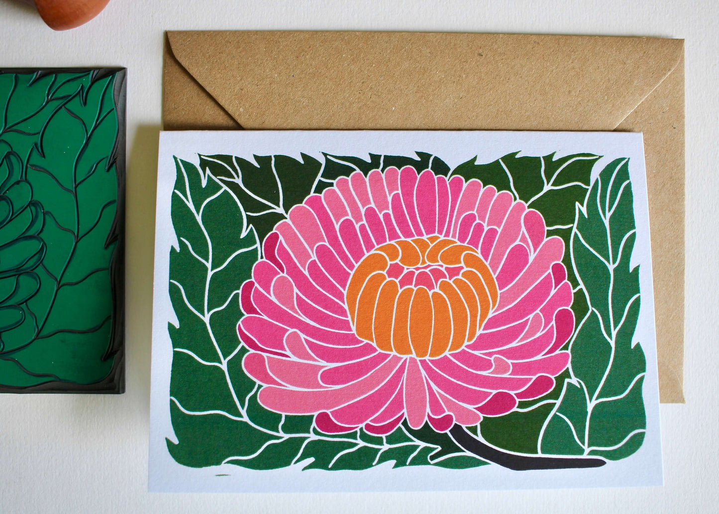 Linocut Chrysanthemum Flower Card / Autumn / November birth flower Card / Ornamental flower lino Greeting Card - Single Card with Envelope