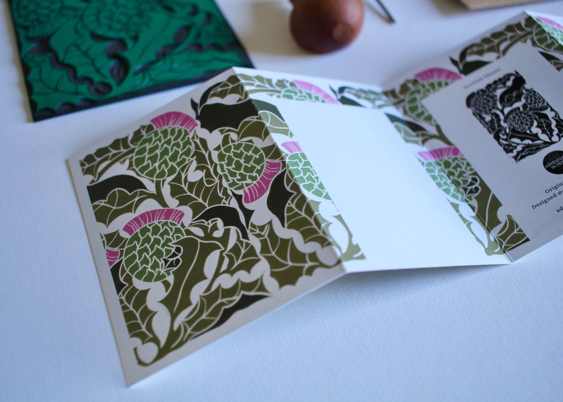 Scottish Thistle Linocut Card - Single Concertina Card with Envelope / Lino print Thistle greeting card / For him, her, Scotland Flower Card