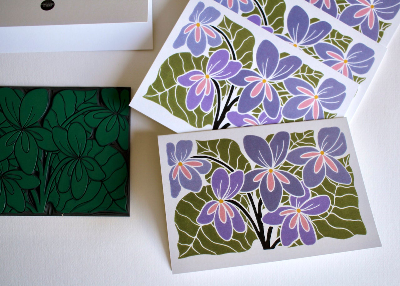 Violet Flower Linocut Art Notecards - Set of 8 | Linocut Floral Note Cards / Thank You Cards / Correspondence Cards & Envelopes