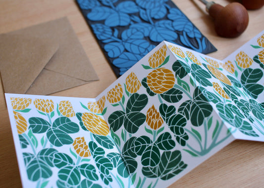 Irish Shamrock Clover Linocut Card - Single Concertina Card with Envelope / Lino print Shamrock greeting card / Ireland National Flower