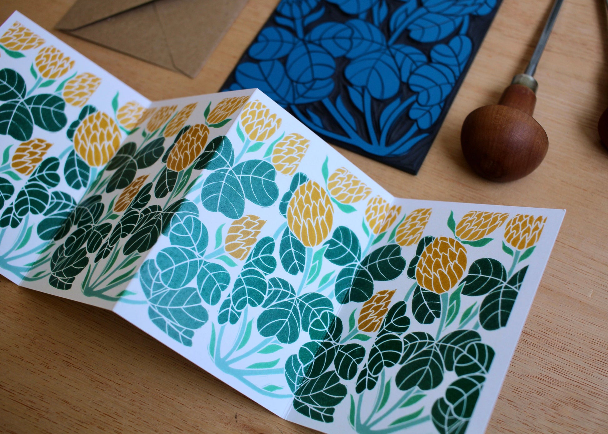 Irish Shamrock Clover Linocut Card - Single Concertina Card with Envelope / Lino print Shamrock greeting card / Ireland National Flower