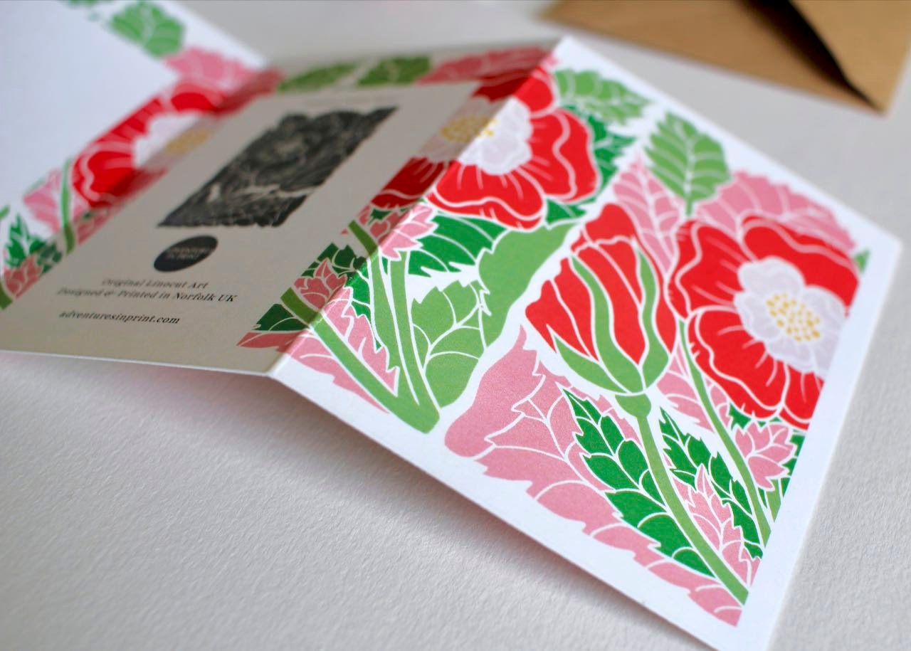 English Tudor Rose Linocut Card - Single Concertina Card with Envelope / Lino print white & red rose greeting card / England National Flower