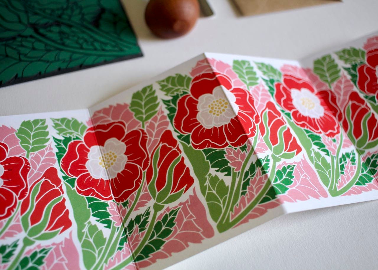 English Tudor Rose Linocut Card - Single Concertina Card with Envelope / Lino print white & red rose greeting card / England National Flower