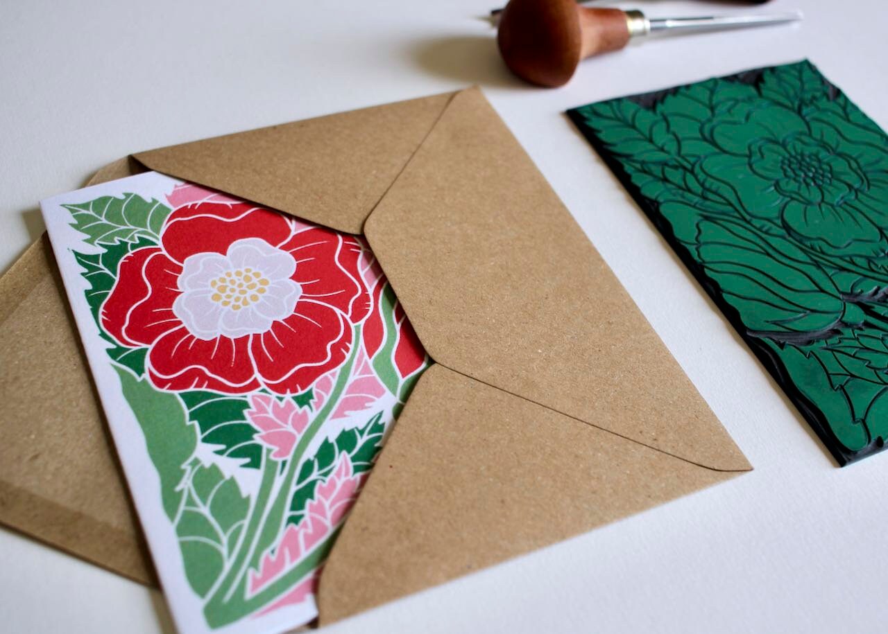 English Tudor Rose Linocut Card - Single Greeting Card with Envelope / Lino print white & red rose greeting card / England National Flower