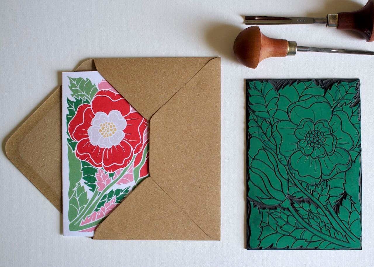 English Tudor Rose Linocut Card - Single Greeting Card with Envelope / Lino print white & red rose greeting card / England National Flower