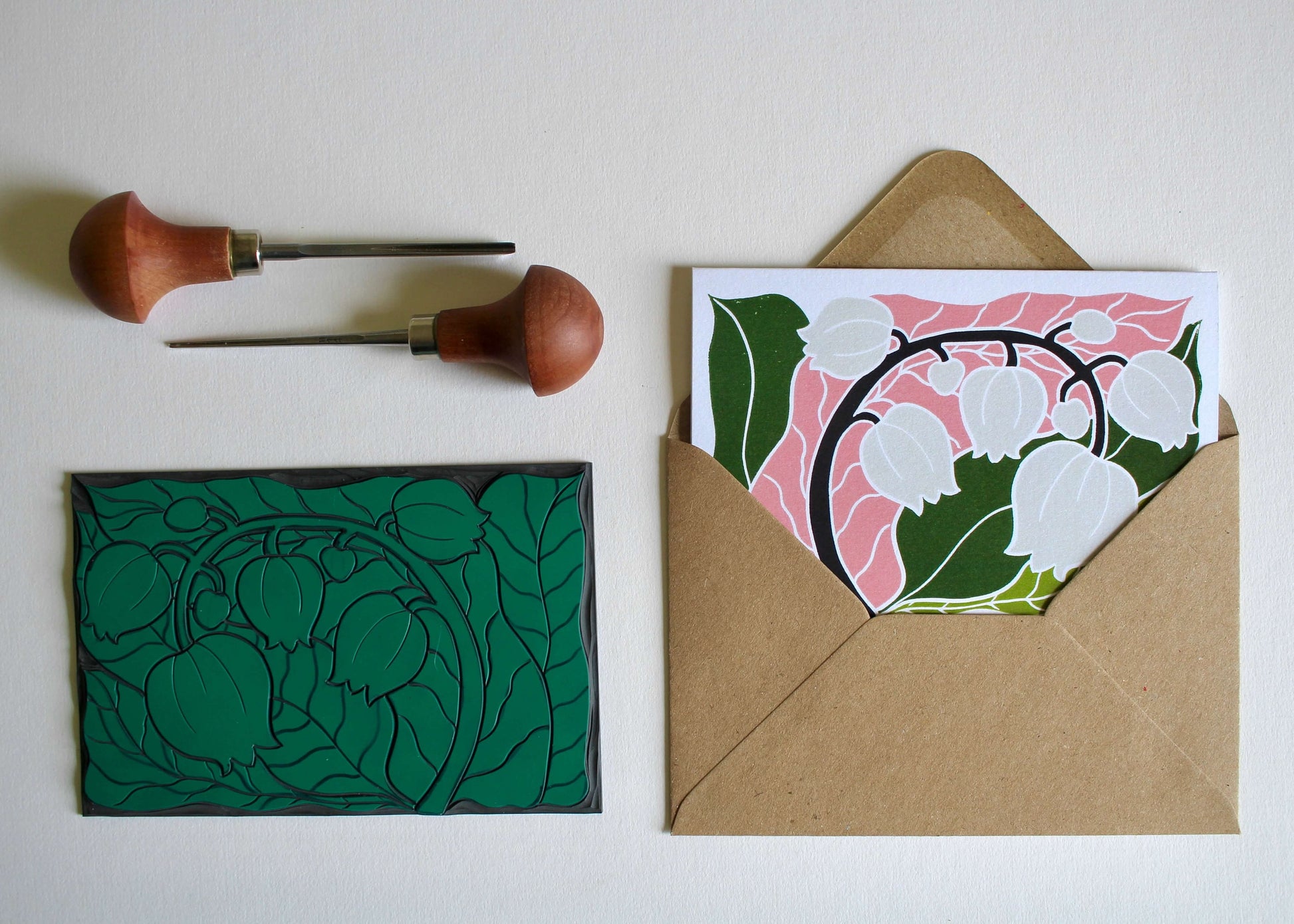 Linocut May Flower Birthday / Spring / Lily of the Valley flower Card / Garden lily flower linocut Greeting Card - Single Card with Envelope