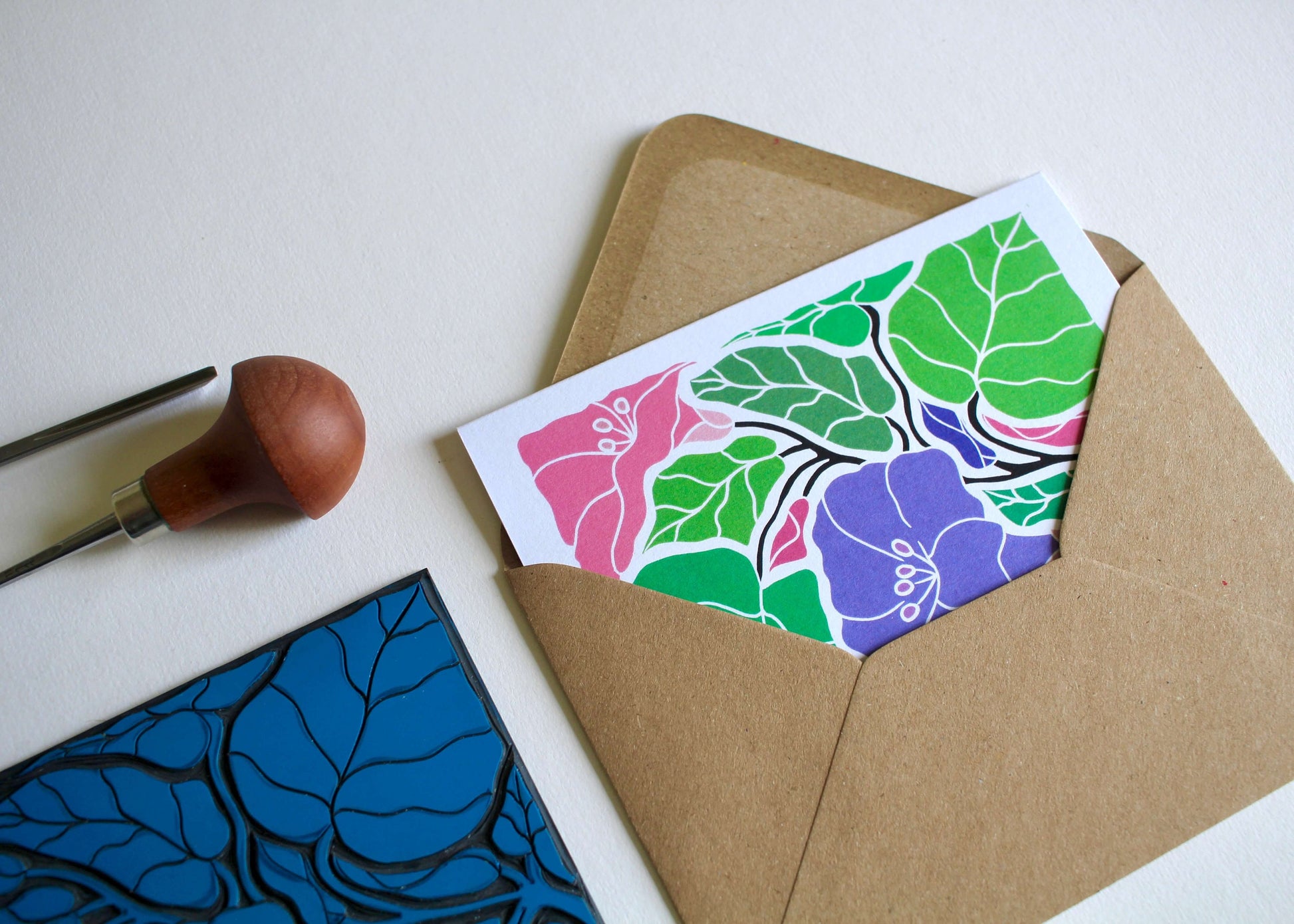 Linocut Morning Glory Flower Card / Spring / September birth flower Card / Ornamental flower lino Greeting Card - Single Card with Envelope