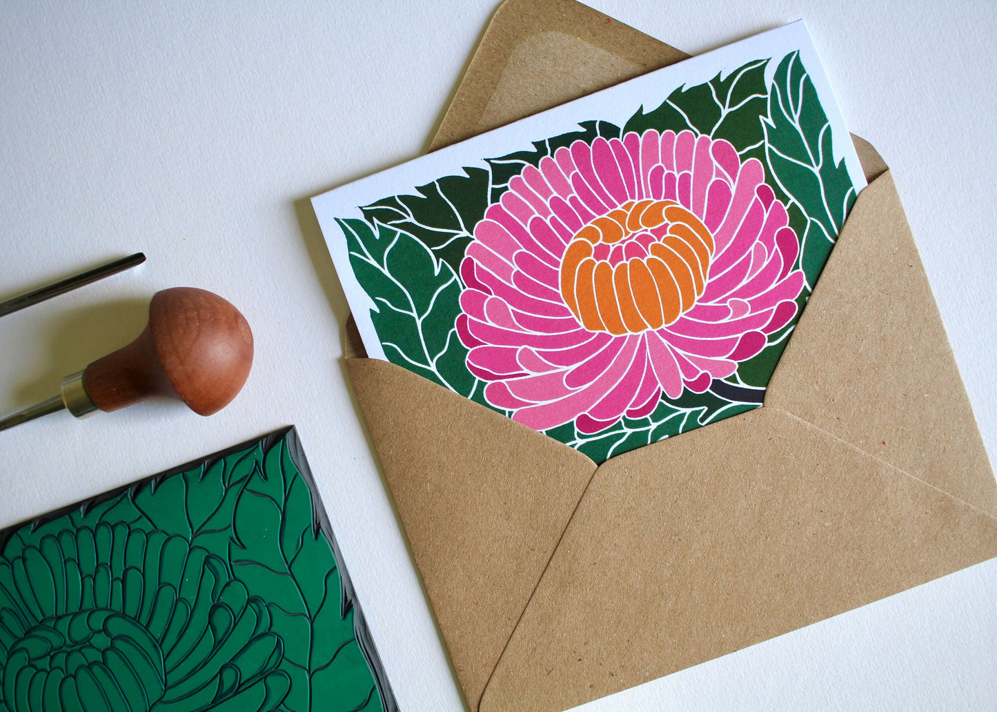 Linocut Chrysanthemum Flower Card / Autumn / November birth flower Card / Ornamental flower lino Greeting Card - Single Card with Envelope