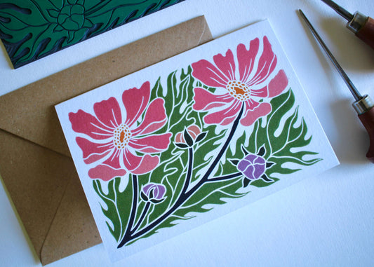 Linocut Cosmos Flower Card / Autumn / October birth flower Card / Ornamental flower lino Greeting Card - Single Card with Envelope