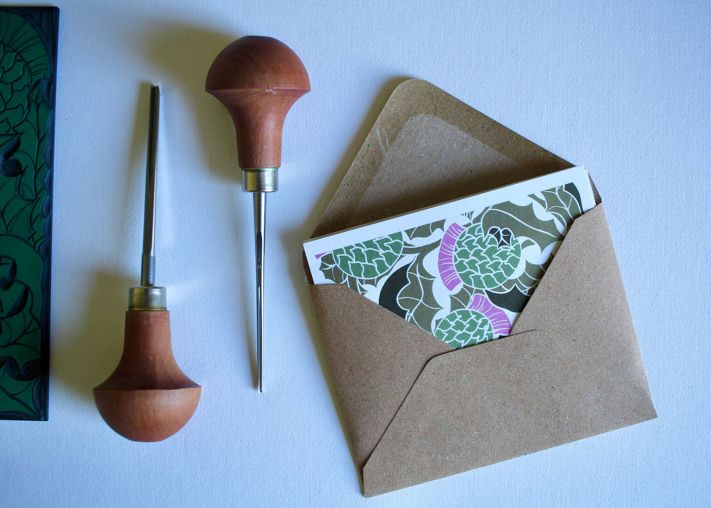 Scottish Thistle Linocut Card - Single Concertina Card with Envelope / Lino print Thistle greeting card / For him, her, Scotland Flower Card