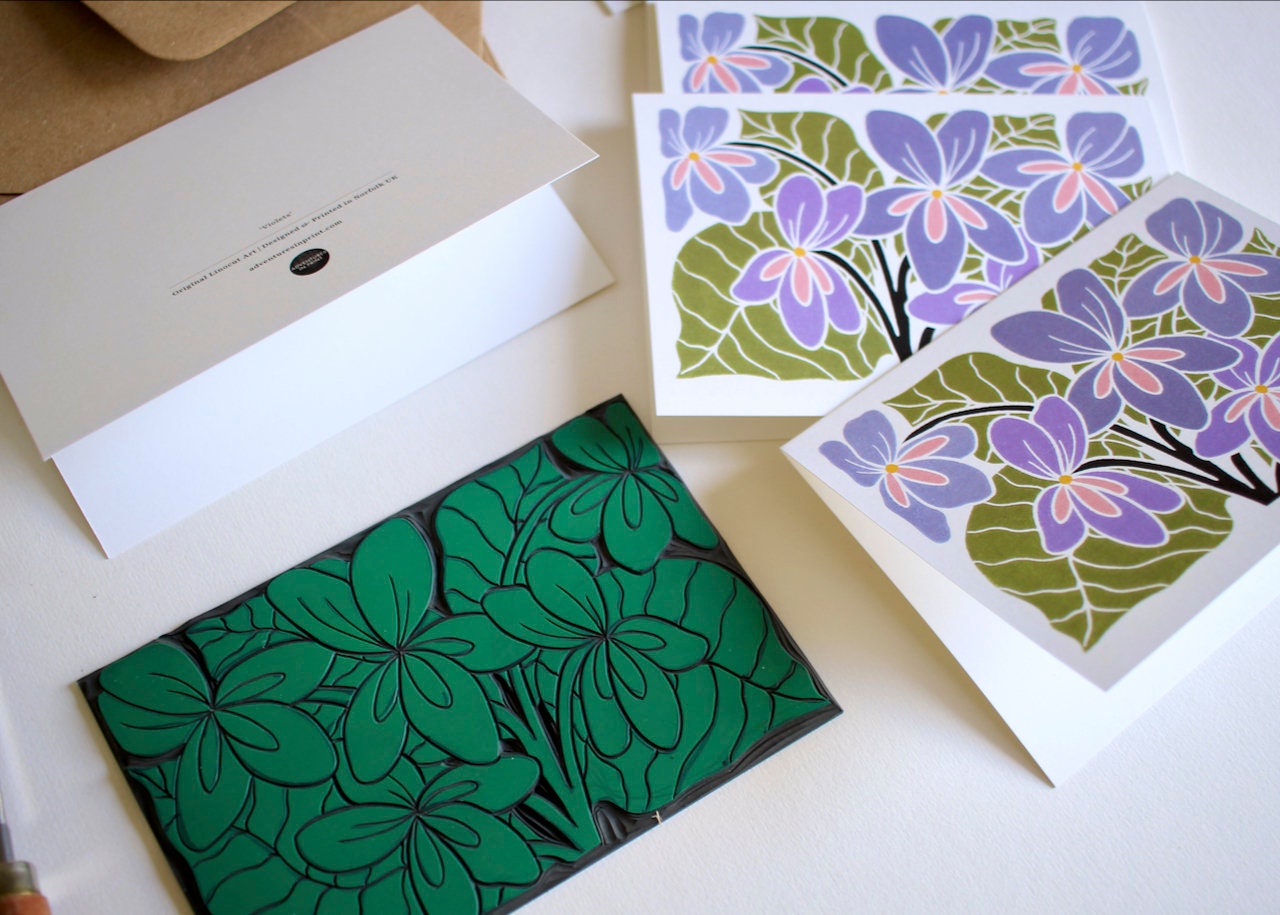 Violet Flower Linocut Art Notecards - Set of 8 | Linocut Floral Note Cards / Thank You Cards / Correspondence Cards & Envelopes