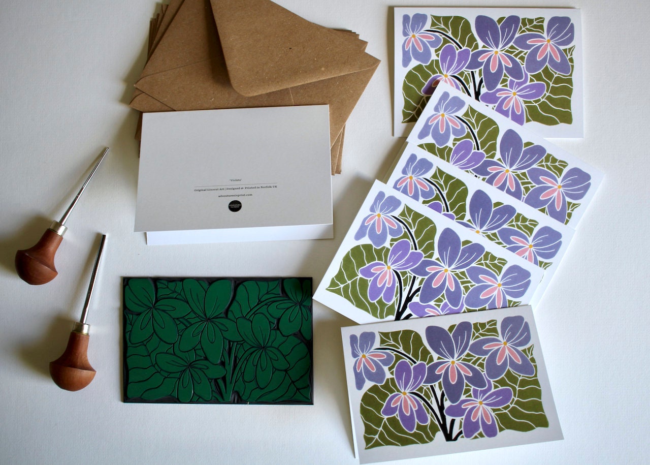 Violet Flower Linocut Art Notecards - Set of 8 | Linocut Floral Note Cards / Thank You Cards / Correspondence Cards & Envelopes