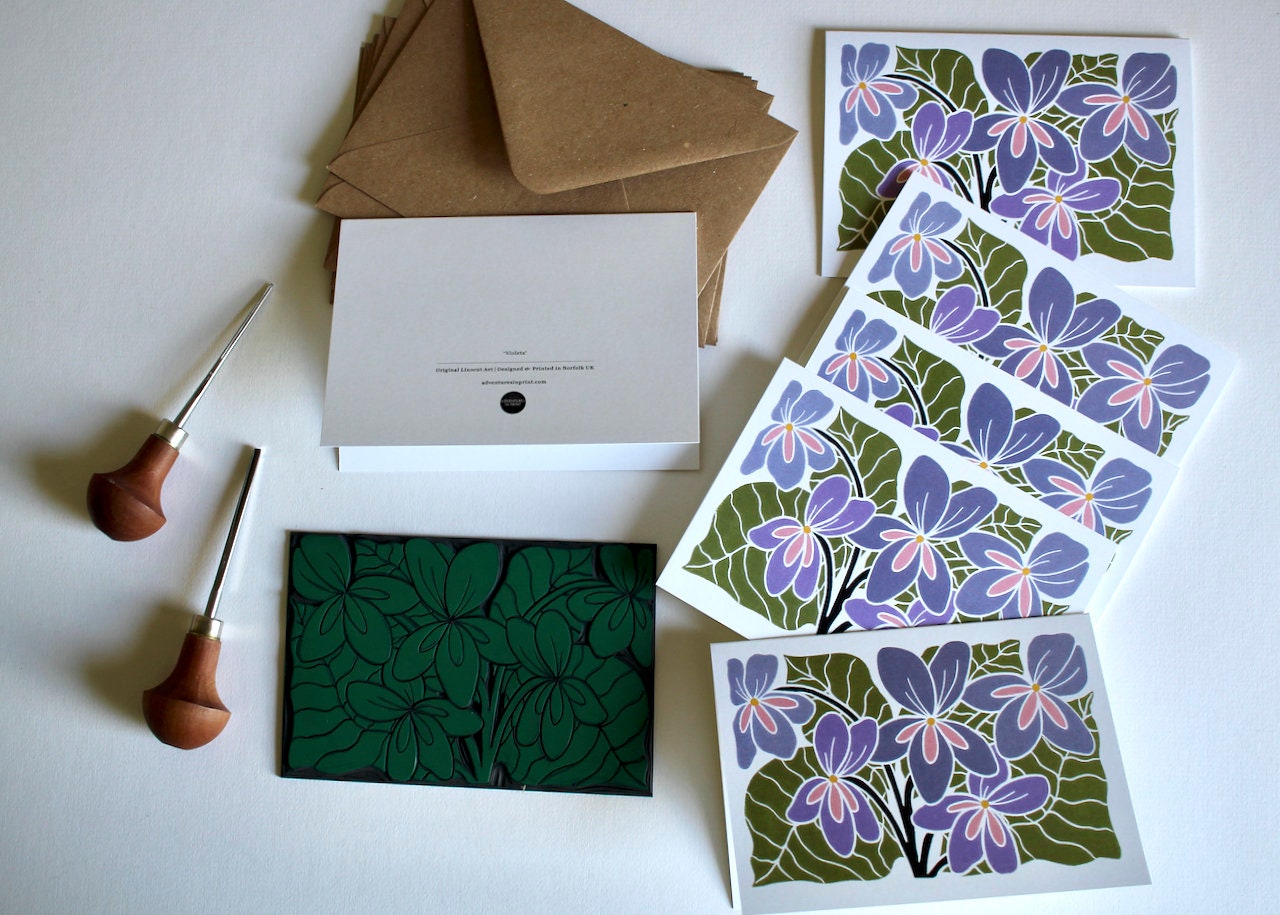 Violet Flower Linocut Art Notecards - Set of 8 | Linocut Floral Note Cards / Thank You Cards / Correspondence Cards & Envelopes