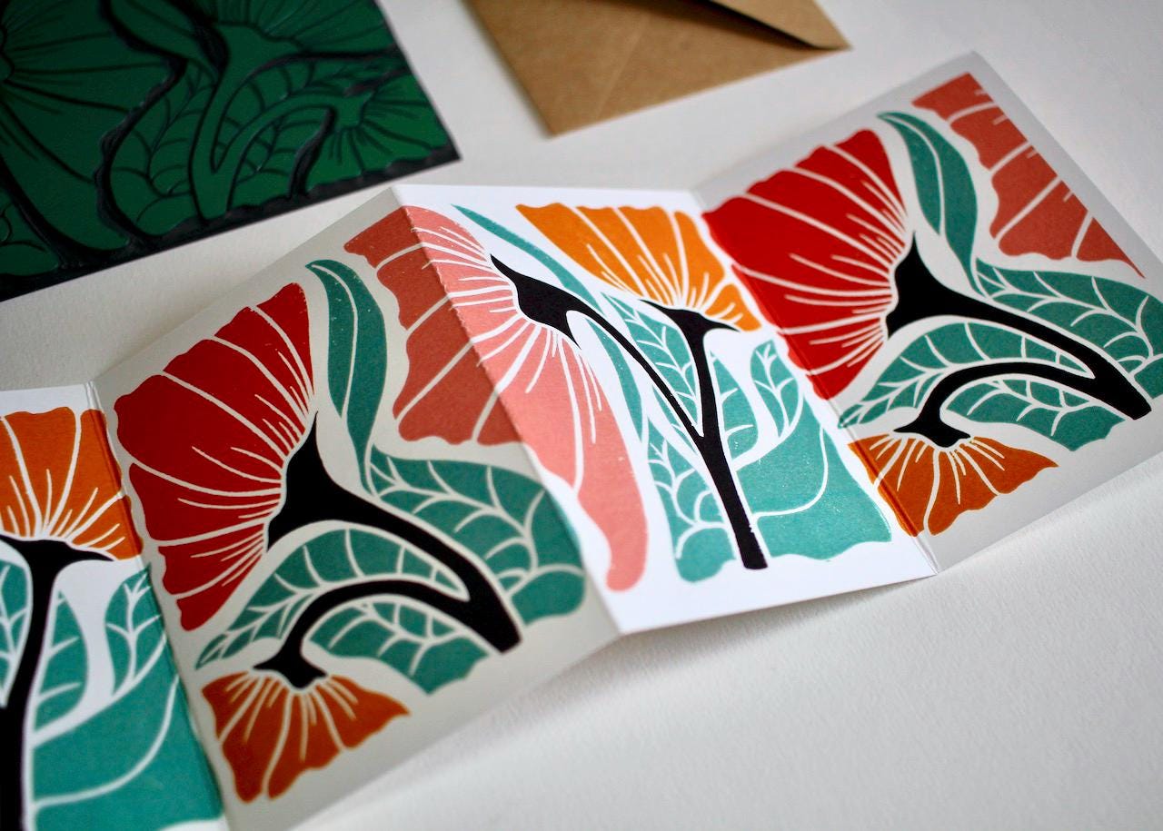 Linocut Happy Abstract Floral Greeting Folded Concertina Card - Single Card and Envelope / Lino Print Happy Colourful Flowers Landscape Card