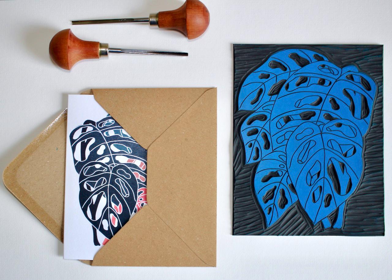 Linocut Monstera adansonii Greeting Card - Single Card with Envelope / Lino Print Swiss Cheese Plant Card / House plant lovers blank card