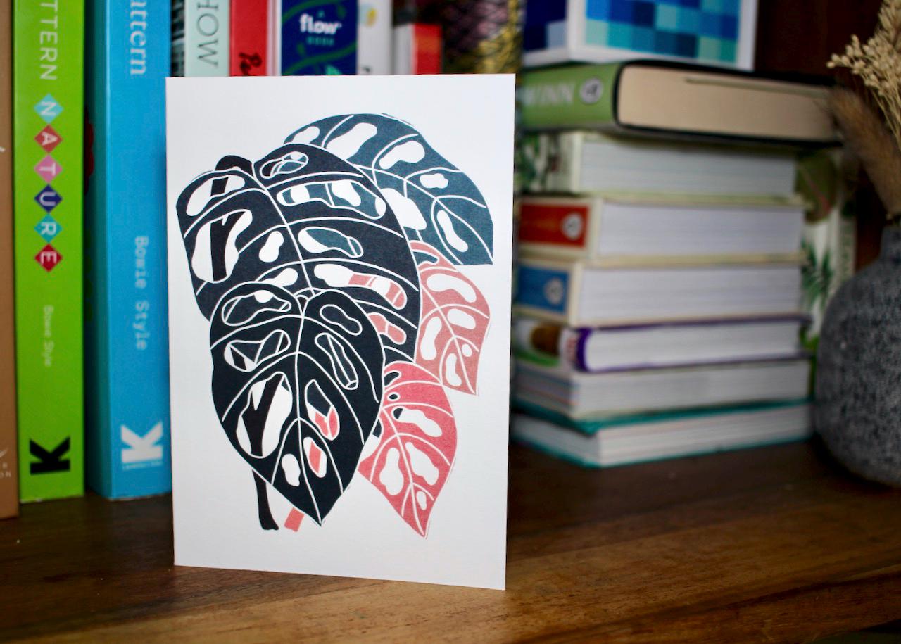 Linocut Monstera adansonii Greeting Card - Single Card with Envelope / Lino Print Swiss Cheese Plant Card / House plant lovers blank card