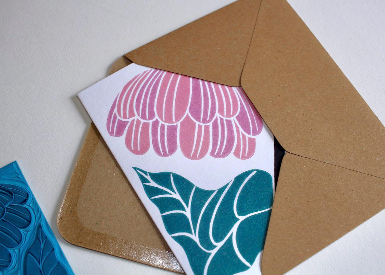 Linocut Reflection Flower Greeting Card - Single Card with Envelope / Lino Print abstract floral Card / Flower lovers card, blank inside