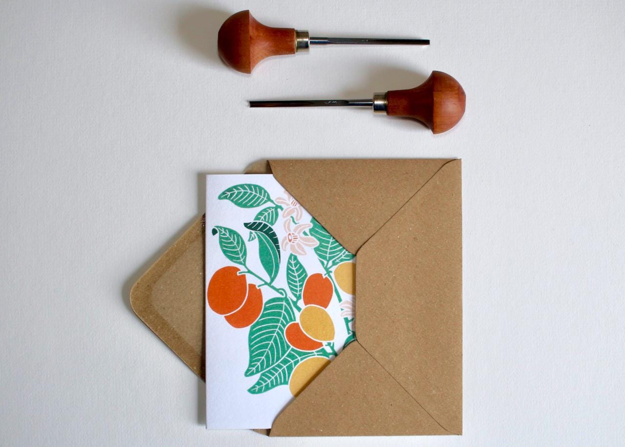 Linocut Kumquat Flower Plant Greeting Card - Single Card with Envelope / Lino print citrus japonica / Citrus fruit & leaves card, blank