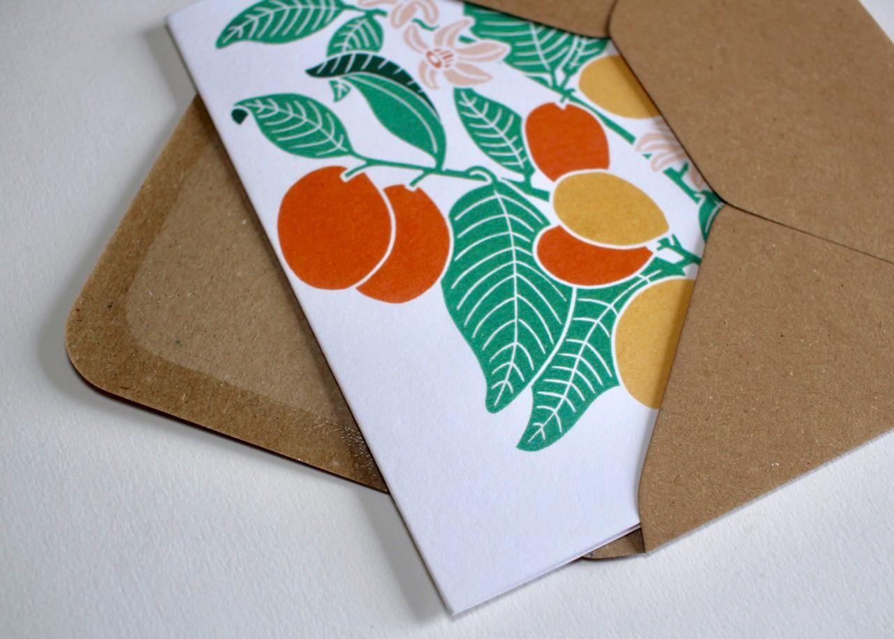 Linocut Kumquat Flower Plant Greeting Card - Single Card with Envelope / Lino print citrus japonica / Citrus fruit & leaves card, blank