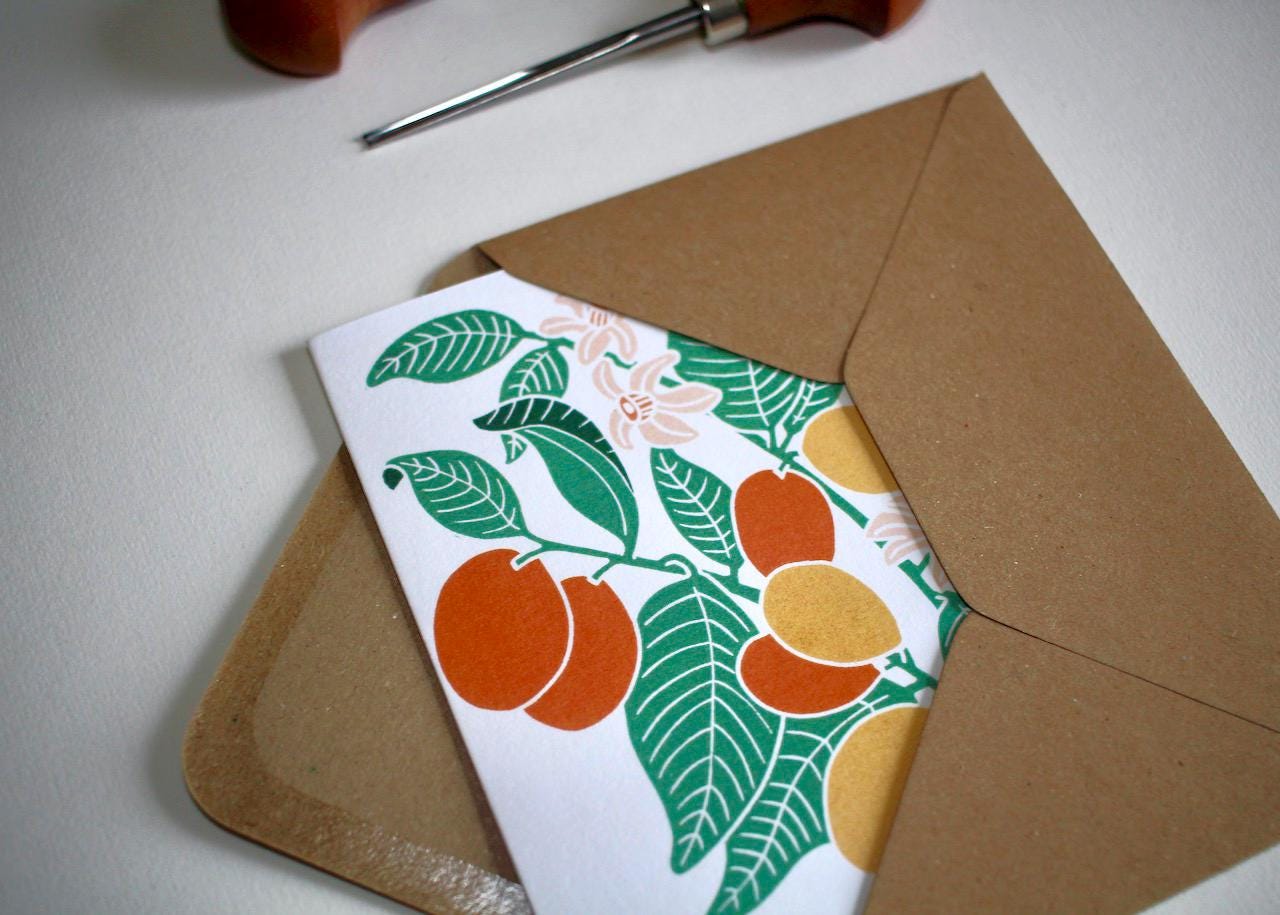 Linocut Kumquat Flower Plant Greeting Card - Single Card with Envelope / Lino print citrus japonica / Citrus fruit & leaves card, blank