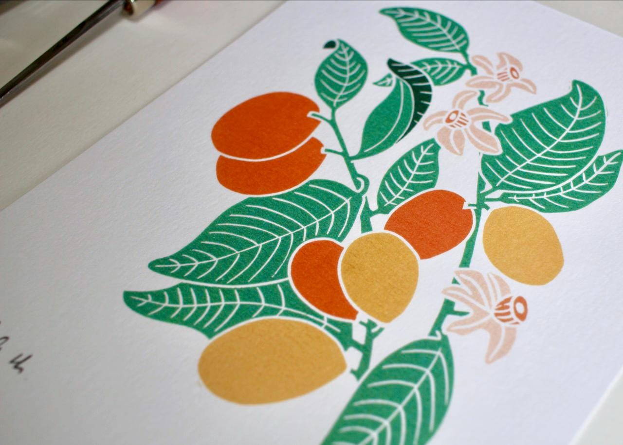 Linocut artwork of the Kumquat plant / Citrus japonica Wall Art / A5 or A4 Art Print on Cotton Paper / Citrus fruit with flowers and leaves