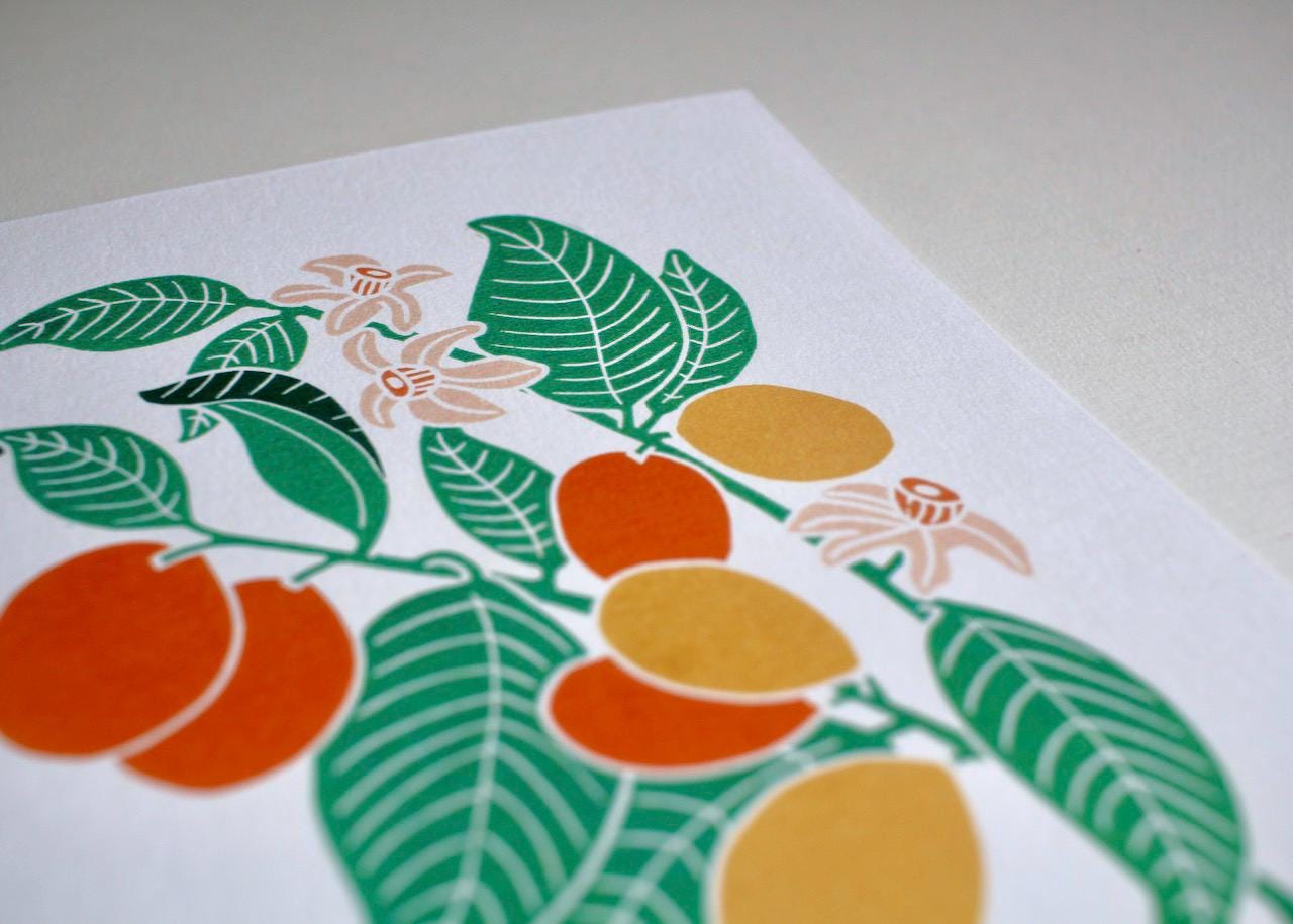 Linocut artwork of the Kumquat plant / Citrus japonica Wall Art / A5 or A4 Art Print on Cotton Paper / Citrus fruit with flowers and leaves