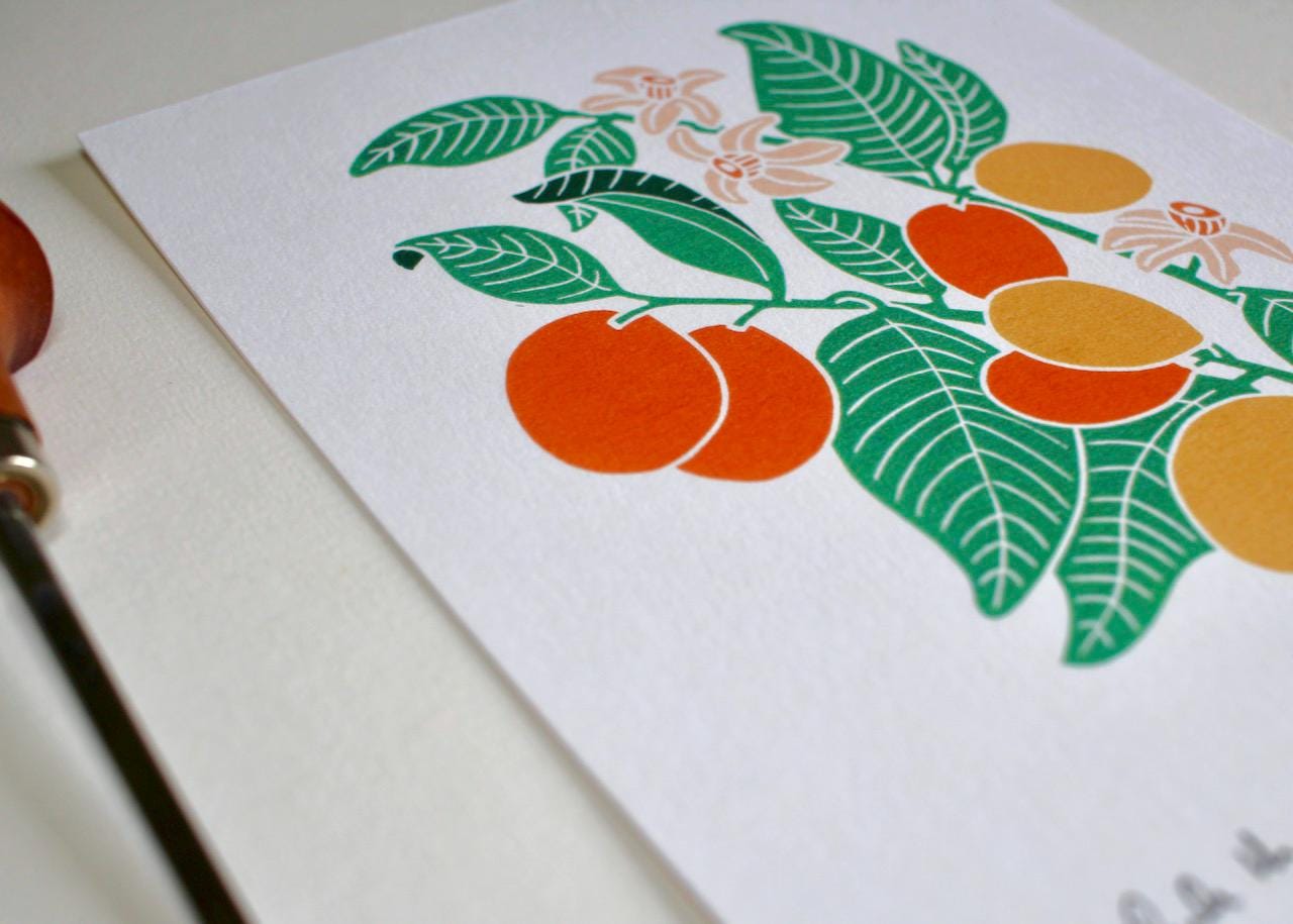 Linocut artwork of the Kumquat plant / Citrus japonica Wall Art / A5 or A4 Art Print on Cotton Paper / Citrus fruit with flowers and leaves