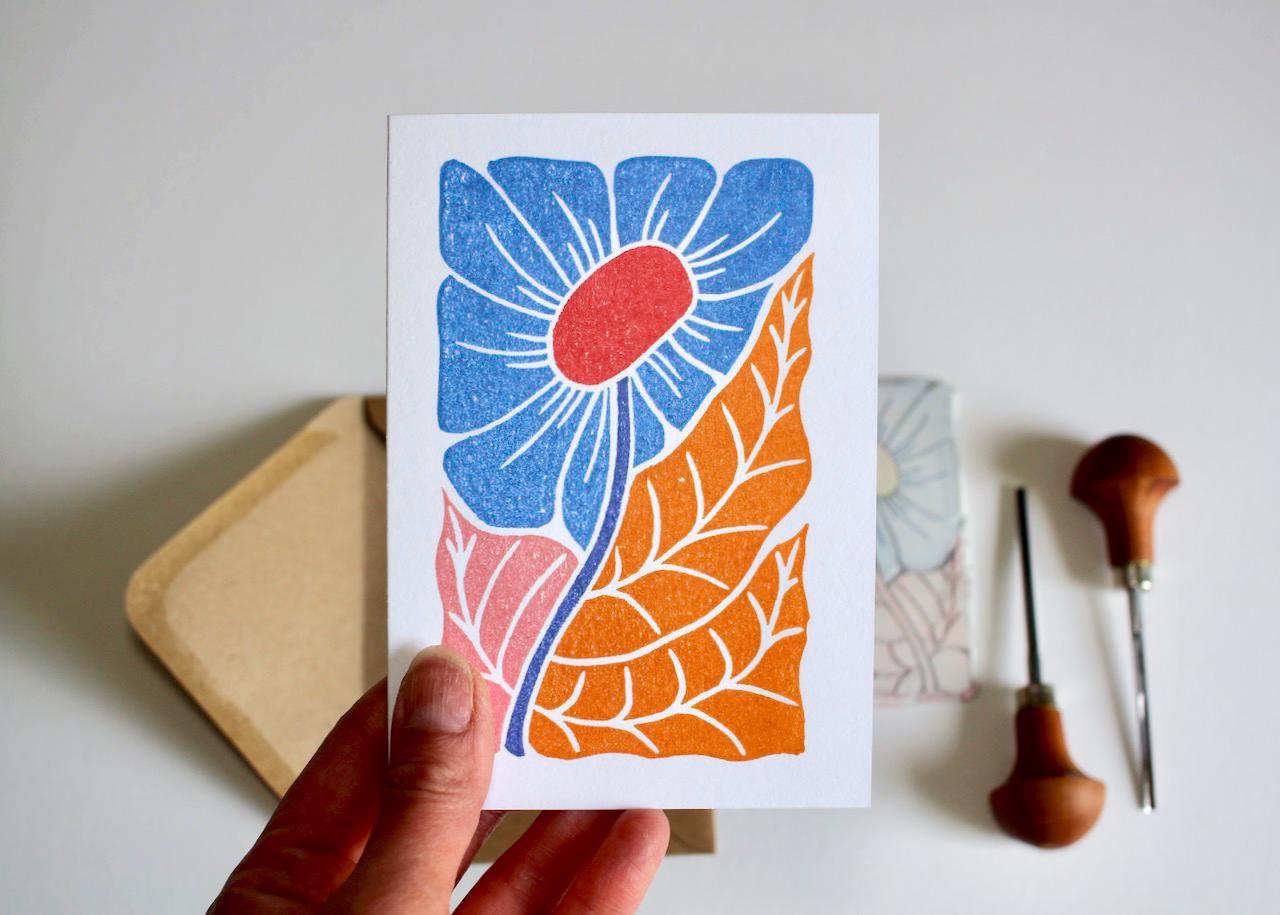 Linocut 'Joy' Floral Greeting Card - Single Card and Envelope / Lino Print Flower Greeting Card / Happy, colourful, abstract flower card