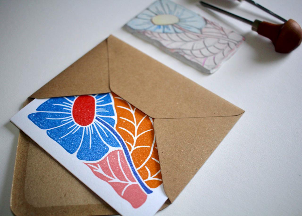 Linocut 'Joy' Floral Greeting Card - Single Card and Envelope / Lino Print Flower Greeting Card / Happy, colourful, abstract flower card